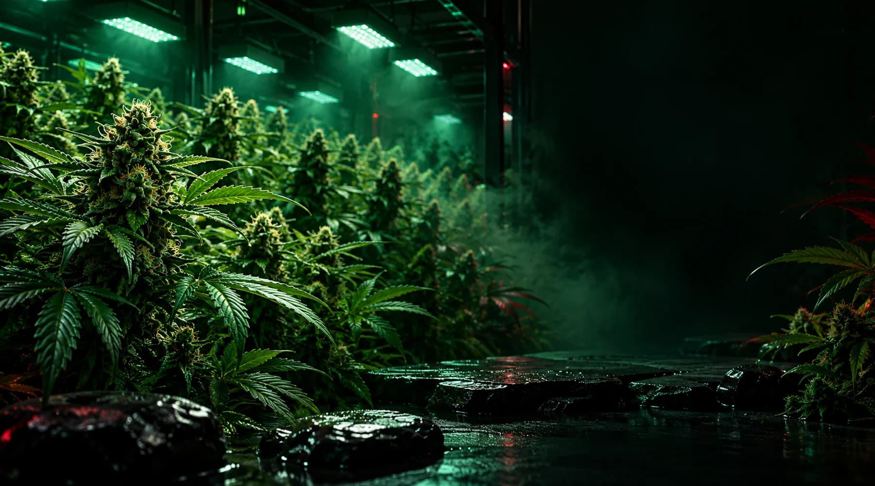 Indoor premium hemp cultivation under green grow lights