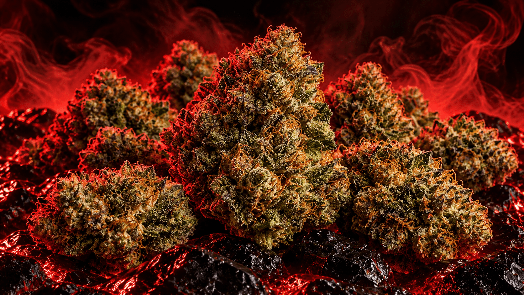Macro view of premium hemp flower surrounded by red smoke